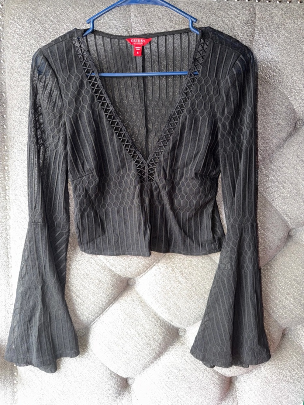 GUESS Black Sheer V‑Neck Lace-Trim Long Sleeve Blouse